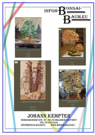Vier kunstvolle Darstellungen von Bäumen in verschiedenen Farben und Stilen.